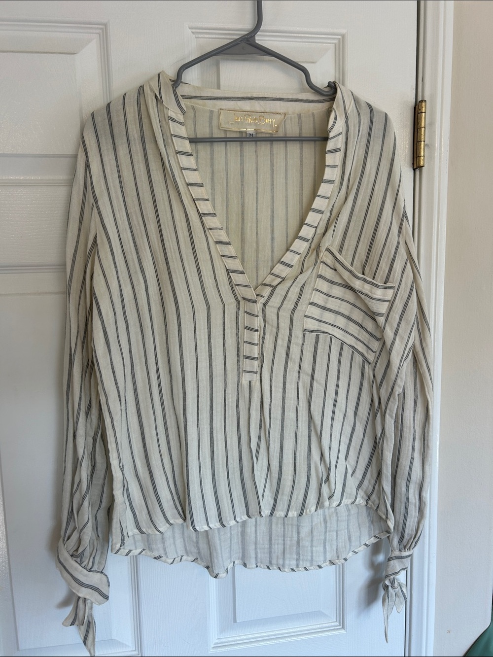 Jen's Pirate Booty Cream and Black Striped V-Neck Tunic